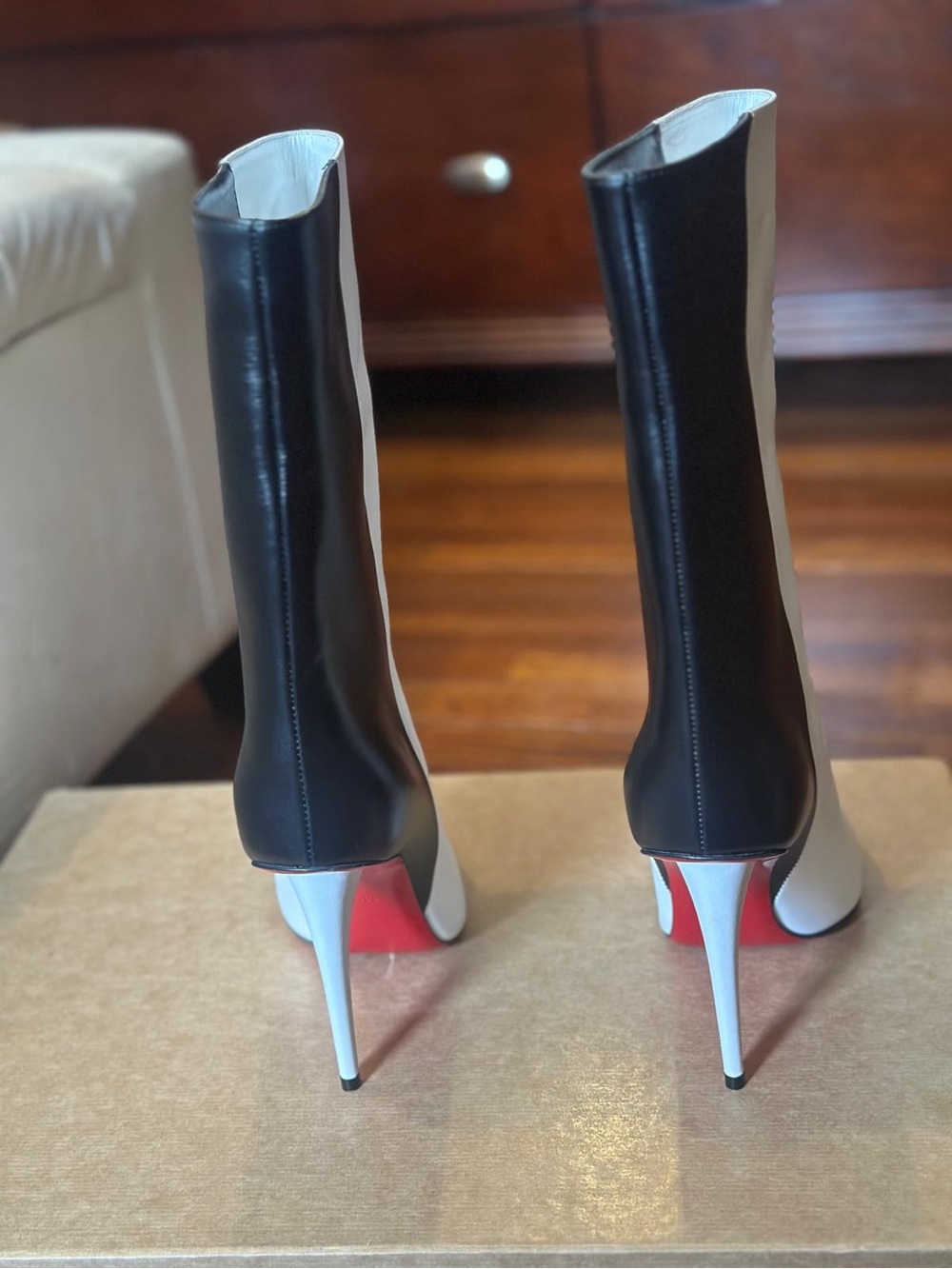 Christian Louboutin Black and White Colorblock Stiletto Booties - Picture 4 of 8